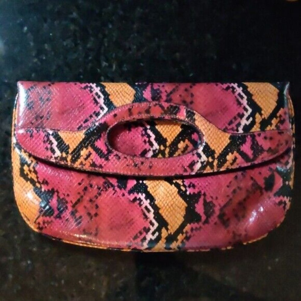 NINE & CO Reptile Print Envelope Handbag Black Magenta Gold